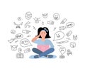 Vector illustration, sad teenage girl. Cyberbullying, trolling. Royalty Free Stock Photo