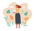 Vector illustration of sad woman standing with stack of paperwork.