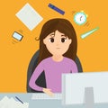 Vector illustration with sad woman at work place, character in cartoon style. Royalty Free Stock Photo