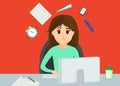 Vector illustration with sad woman at work place, character in cartoon style. Royalty Free Stock Photo