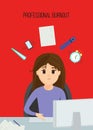 Vector illustration with sad woman at work place, character in cartoon style. Royalty Free Stock Photo