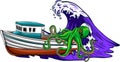 vector illustration of sailing ship and kraken giant octopus on white background