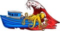 vector illustration of sailing ship and kraken giant octopus on white background