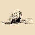 Vector illustration of sailing ship in the sea in ink style. Hand sketched galleon. Marine theme design. Royalty Free Stock Photo