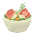 Vector illustration of a salad that includes baked slices of tomato, eggplant, carrot, green beans and rosemary sprigs.