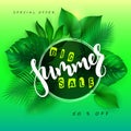 Vector illustration of sale banner with hand lettering text, round frame and tropical leaves - monstera , palm, aralia