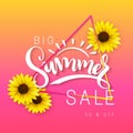 Vector illustration of sale banner with hand lettering text, triangle frame and sunflower flowers Royalty Free Stock Photo