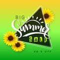 Vector illustration of sale banner with hand lettering text, triangle frame and sunflower flowers Royalty Free Stock Photo