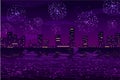 Vector illustration. Salutes and fireworks in night city on the ocean Royalty Free Stock Photo