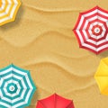 Vector illustration of sand beach and multicolor striped umbrellas. Top view summer vacation banner background Royalty Free Stock Photo