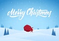 Santa Claus carries a heavy bag full of gifts on winter snowy landscape background. Cartoon scene.