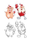 Vector Illustration of Santa Claus and a Cute Pig . Coloring Book Cartoon Royalty Free Stock Photo