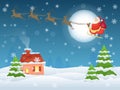 Vector illustration of Santa Claus flying over house and trees at night. Christmas eve landscape greeting card. Royalty Free Stock Photo