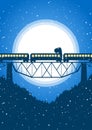 Vector illustration: Santa Claus rides on top of the train on the background of the moon. Christmas greeting card. Royalty Free Stock Photo