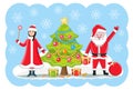 Vector illustration of Santa Claus and snow maiden, gifts and Christmas tree. Royalty Free Stock Photo