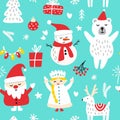 Vector illustration of Santa Claus and snow maiden with a snowman and gifts. Royalty Free Stock Photo