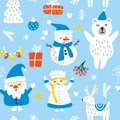 Vector illustration of Santa Claus and snow maiden with a snowman and gifts. Royalty Free Stock Photo