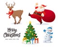 Vector illustration of Santa Claus, snowman, reindeer and decorated Christmas tree Royalty Free Stock Photo