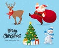 Vector illustration of Santa Claus, snowman, reindeer and decorated Christmas tree with presents. Royalty Free Stock Photo