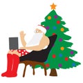 Vector illustration of Santa Clause holds laptop with christmas tree. Christmas season in pandemic concept