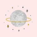 Vector illustration with Saturn with marble texture. Trendy Cosmic minimalistic landscape scene with stone textured planet