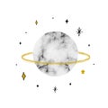 Vector illustration with Saturn with marble texture. Trendy Cosmic minimalistic landscape scene with stone textured planet