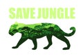 Vector illustration of save jungle concept with jaguar silhouette and rainforests inside. Tropical rainforest Jungle