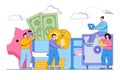 Vector illustration of saving or accumulating money with large piggy bank, open purse, brankas and people characters