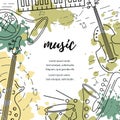 Vector illustration with saxophone, piano, guitar, violin, french horn.