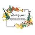 Vector illustration with saxophone, piano, violin, french horn, drum, guitar, trumpet.