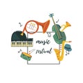 Vector illustration with saxophone, piano, violin, french horn, drum. Royalty Free Stock Photo