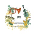 Vector illustration with saxophone, piano, violin, french horn, drum. Royalty Free Stock Photo