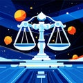 Vector illustration of a scales of justice in the dark background. Justice and law concept. Generative AI Royalty Free Stock Photo