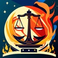 Vector illustration of scales of justice on fire background. Law and justice concept. AI generated Royalty Free Stock Photo