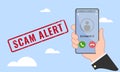Vector illustration of scam alert notification on smart phone. Cloud infrastructure. Cybercrime concept