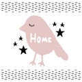 Vector illustration in Scandinavian style. Nice pink bird and the inscription HOME. Interior decorations, printed materials and fa