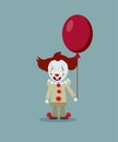 Vector illustration of the scary evil clown with red balloon. Ha