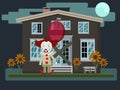 Vector illustration of a scary evil clown with red balloon next