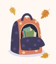 Vector illustration School backpack with textbooks, books, pencils, autumn leaves. Backpack icon. Backpack with pockets. Time to