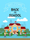 Vector illustration of school building with schoolkids, for poster or banner, etc. Royalty Free Stock Photo