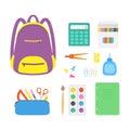 Set of backpack and school stationery on white