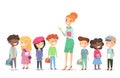 Vector illustration of schoolchildren group with teacher standing together. Boys and girls together with woman teacher