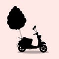 Vector illustration of scooter silhouette with balloons on pink background
