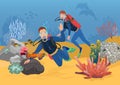 Vector illustration of scuba divers greeting while swimming in ocean reef.