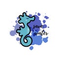 Vector illustration with sea horse, blue paint splash. Royalty Free Stock Photo