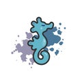 Vector illustration with sea horse, blue paint splash. Royalty Free Stock Photo