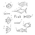 Vector illustration of Sea life. Set with doodle funny sea animals. Coloring page for kids Royalty Free Stock Photo