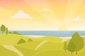 Vector illustration of the sea at sunset, in the foreground green hills and trees. Park with hills by the sea with Royalty Free Stock Photo
