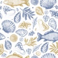 Seafood seamless pattern. Fish, seashell, leaf, shrimp. Engraved vintage sea set. Vector illustration