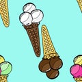 Seamless pattern of ice cream. Vector illustration of a seamless background of chocolate, vanilla, fruit ice cream cone. Hand draw Royalty Free Stock Photo